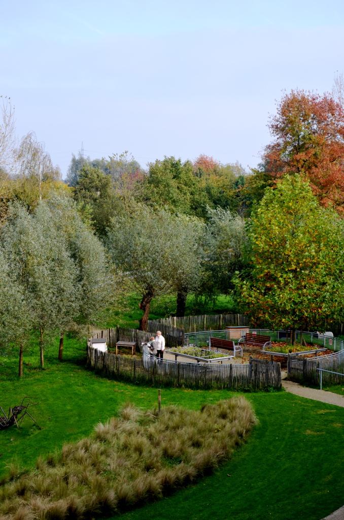 nVoorbij de ingang start er een tuingedeelte met verhoogde plantenbakken waarin de bewoners de kans wordt gegeven om de tast-en smaakzin te gebruiken. Er is ook een neerhof met dieren waardoor men kan wandelen naar de Weverbosdreef. Dit is een tweede penetratie om de 2 zones met mekaar te verbinden.nnn